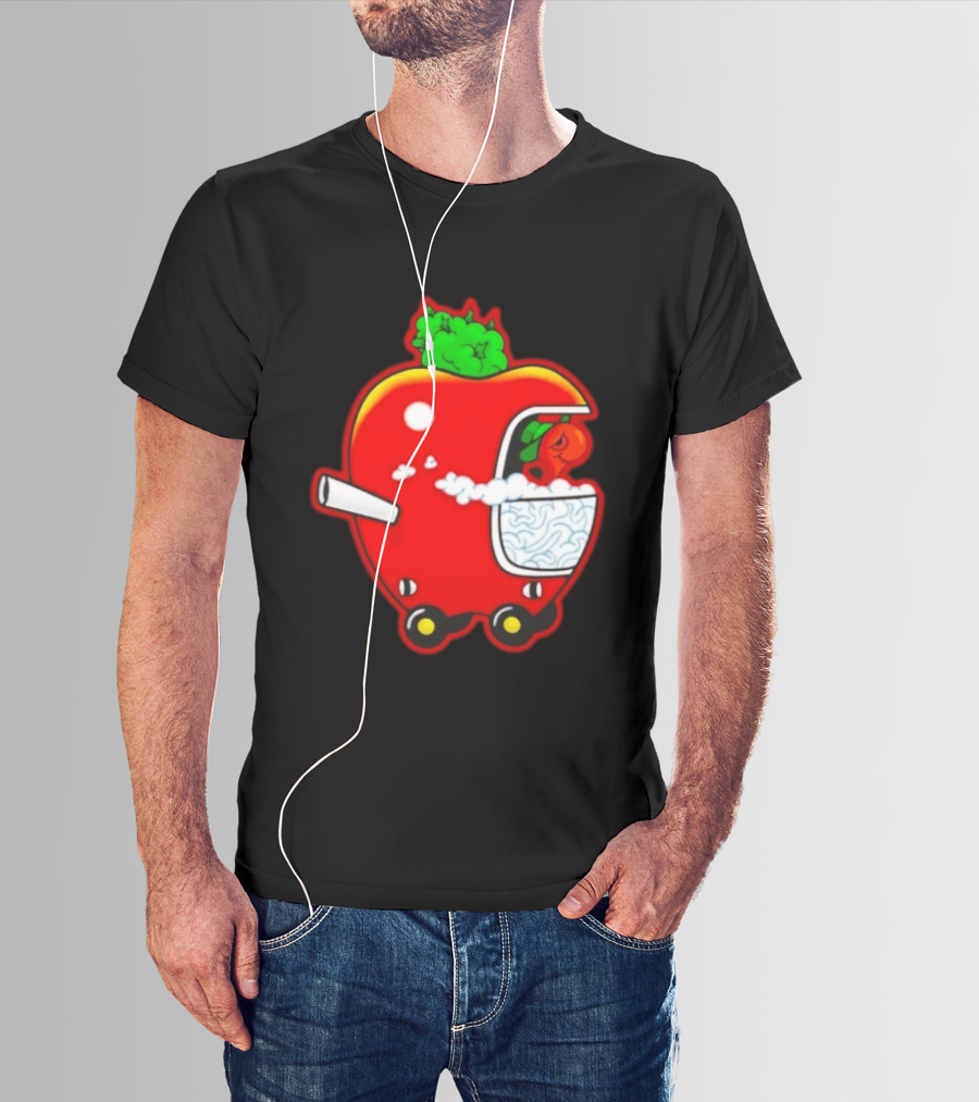 Smokey Worm Apple Cartoon Red Apple With Smoke And Wheels T-Shirt