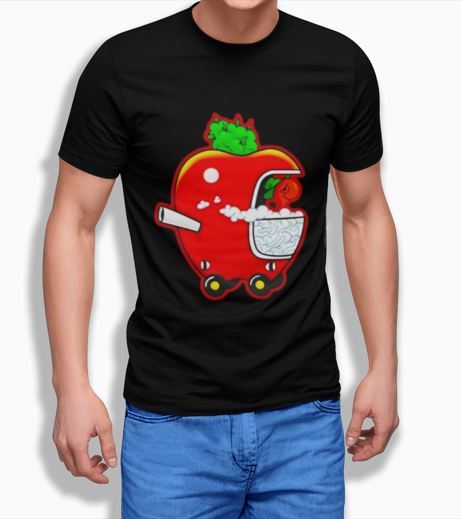 Smokey Worm Apple Cartoon Red Apple With Smoke And Wheels T-Shirt