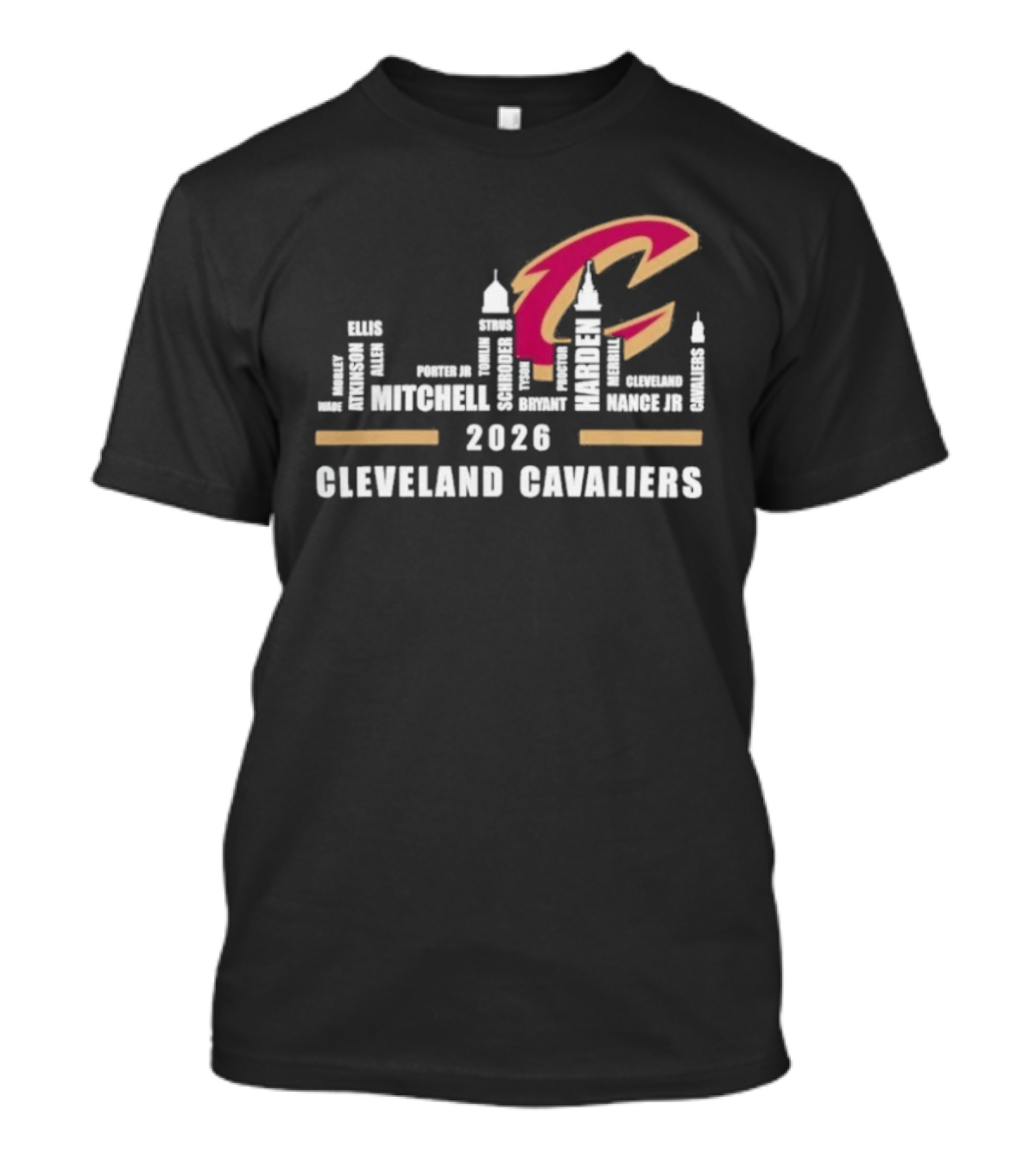 Cleveland Cavaliers 2026 Skyline Mitchell Bickerstaff Garland Allen Mobley Wade Okoro LeVert Stevens T-Shirt