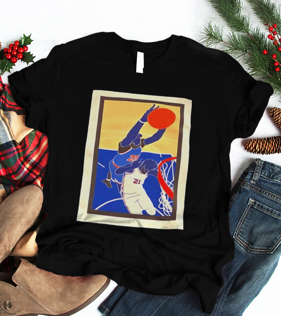 Mitchell Robinson 23 Dunking Joel Embiid 21 New York Knicks Basketball NBA 2026 T-Shirt