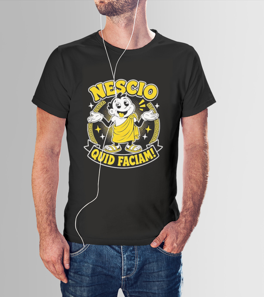 Nescio Quid Faciam Cartoon Ancient Roman Character Greek Key Border T-Shirt