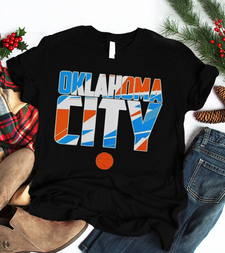 Oklahoma City Basketball Pride Colorful Lettering With Orange Basketball T-Shirt