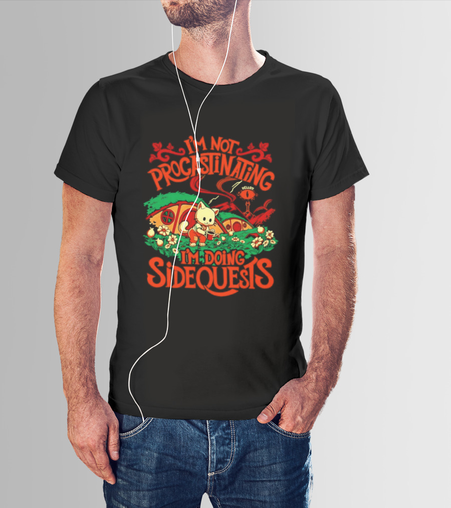 I'm Not Procrastinating I'm Doing Side Quests Cute Cat Adventure Scene T-Shirt