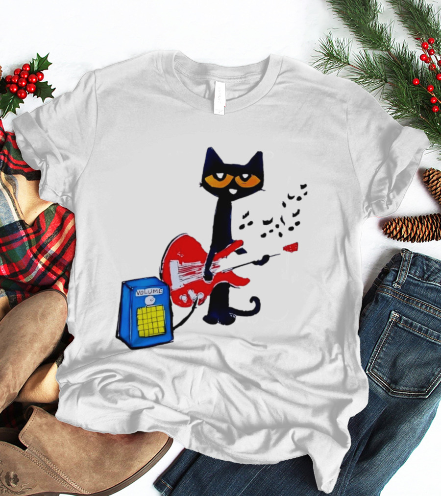 Pete The Cat Playing Red Guitar With Volume Amplifier Music Notes T-Shirt