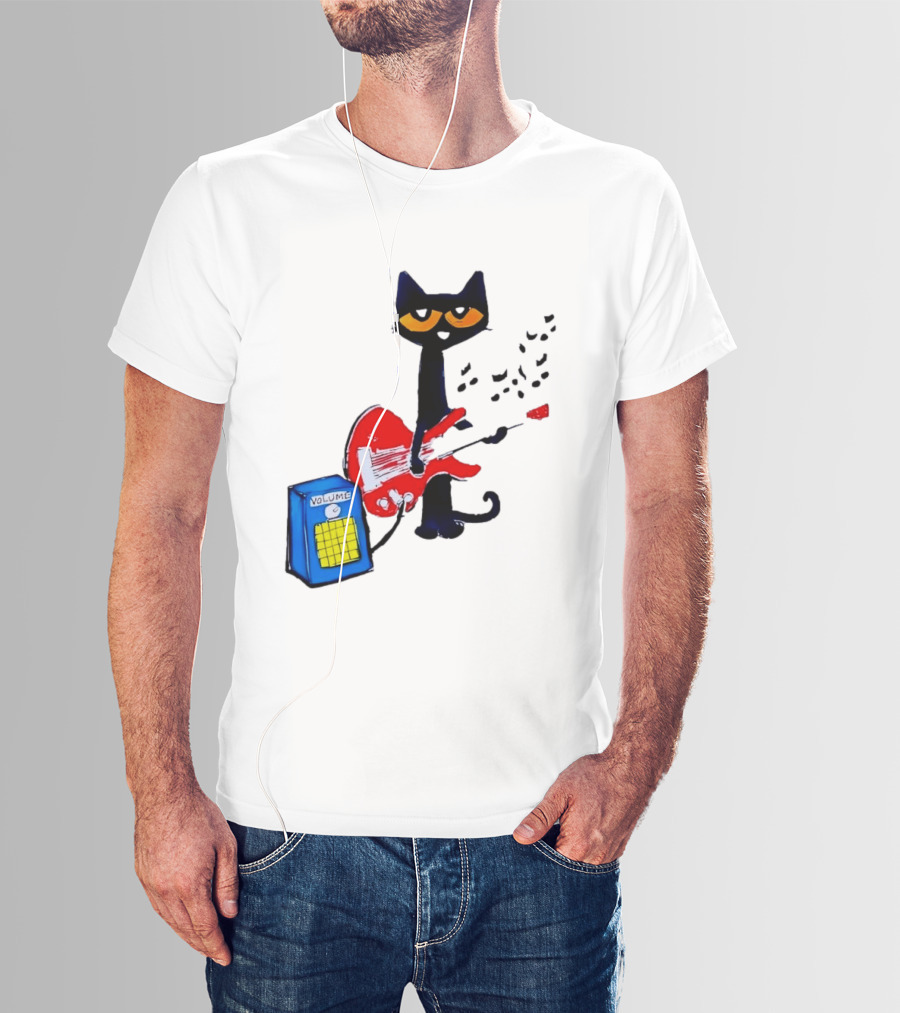 Pete The Cat Playing Red Guitar With Volume Amplifier Music Notes T-Shirt