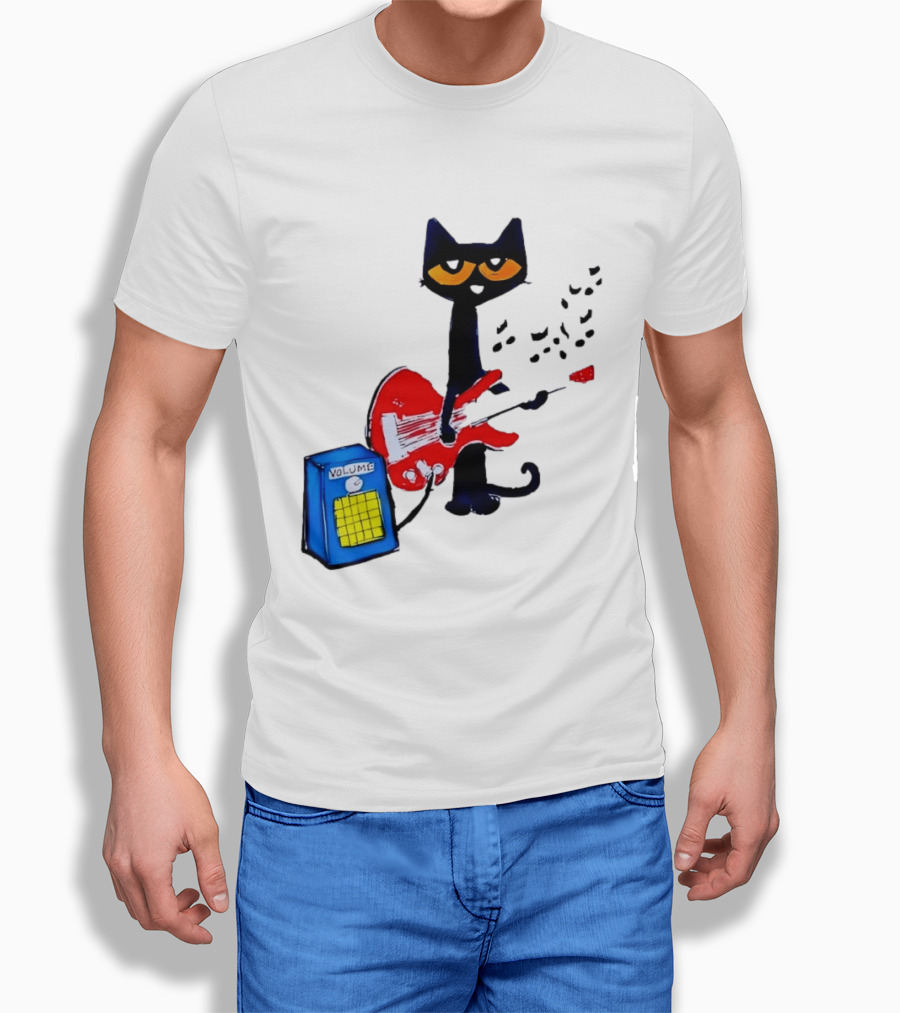 Pete The Cat Playing Red Guitar With Volume Amplifier Music Notes T-Shirt