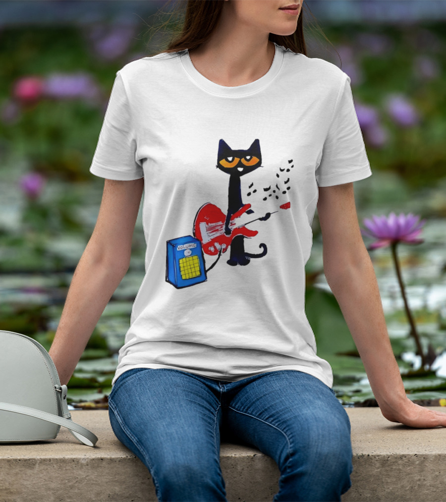 Pete The Cat Playing Red Guitar With Volume Amplifier Music Notes T-Shirt