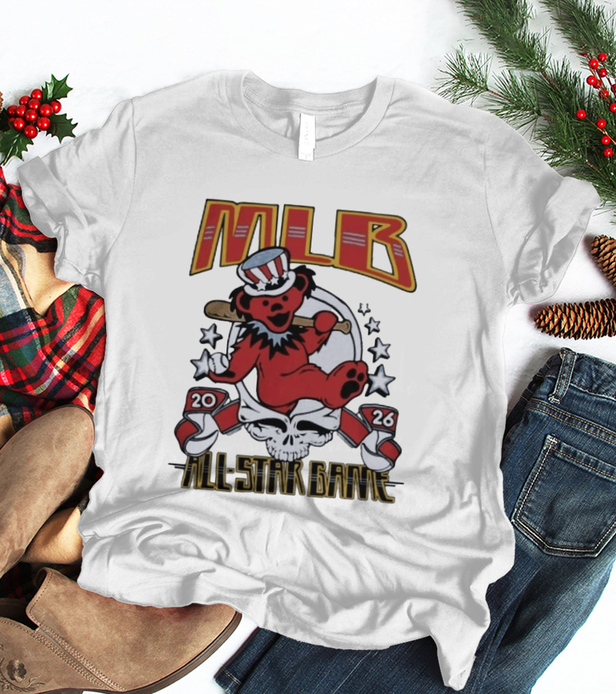 MLB 2026 All Star Game Grateful Dead Bear With Bat Patriotic Hat T-Shirt