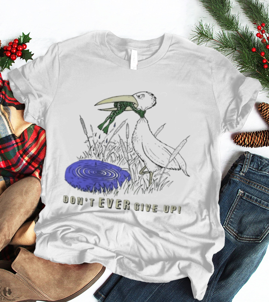 Frog Vs Bird Struggle Never Give Up Inspiring Cartoon Scene T-Shirt