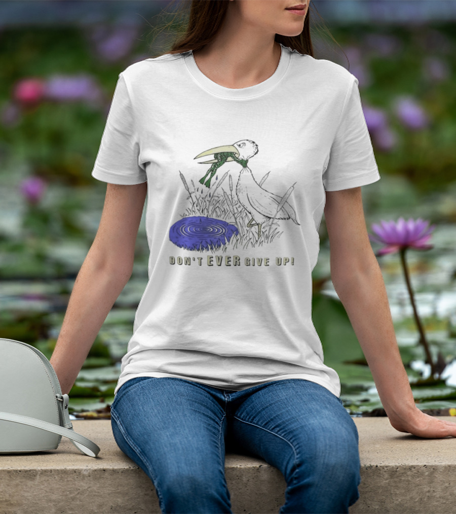 Frog Vs Bird Struggle Never Give Up Inspiring Cartoon Scene T-Shirt