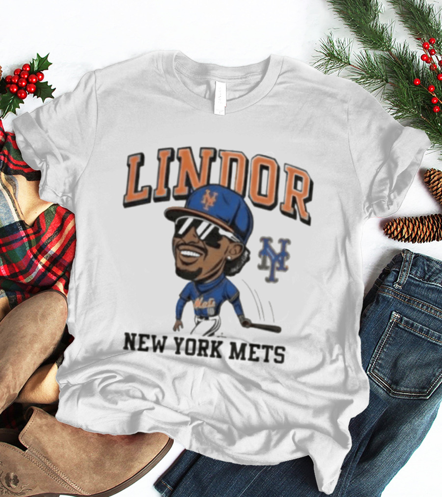Lindor New York Mets 26 Caricature Baseball Player With Cap T-Shirt
