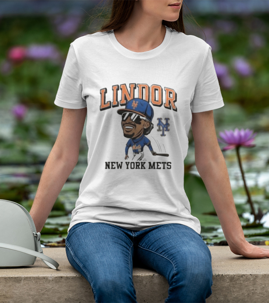 Lindor New York Mets 26 Caricature Baseball Player With Cap T-Shirt