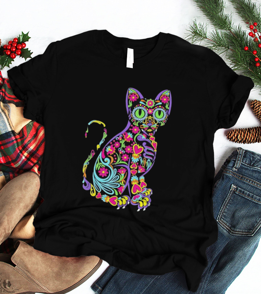 Sugar Skull Cat With Vibrant Floral T-Shirt