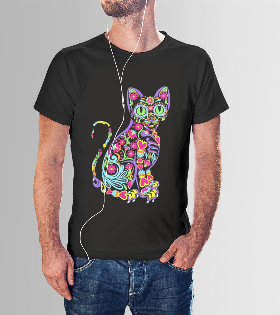 Sugar Skull Cat With Vibrant Floral T-Shirt