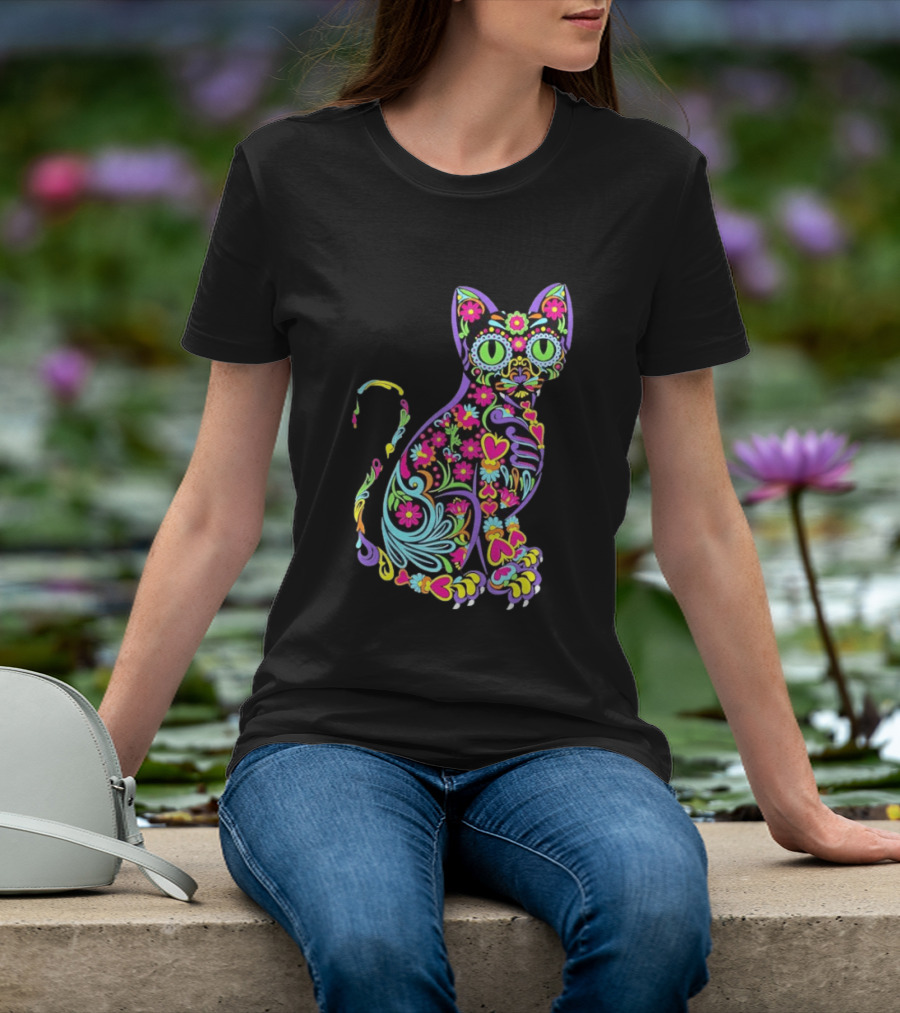 Sugar Skull Cat With Vibrant Floral T-Shirt