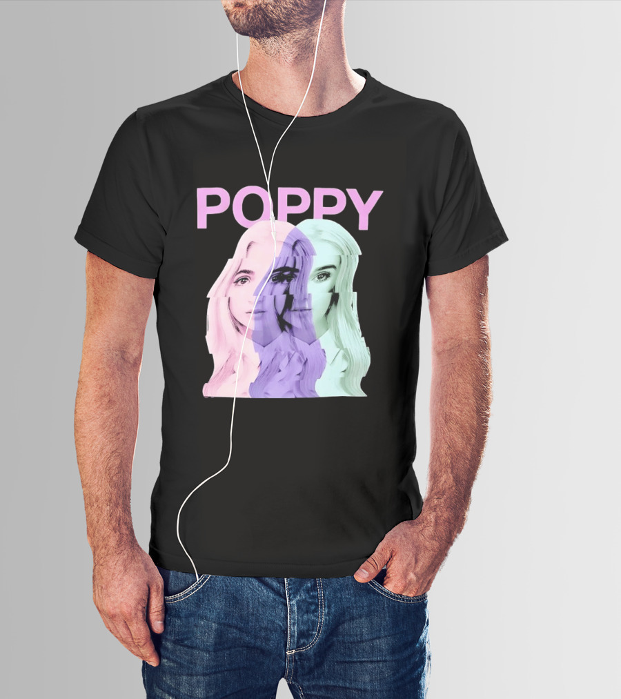 Poppy Digital Muse Glitch Faces Tricolor T-Shirt