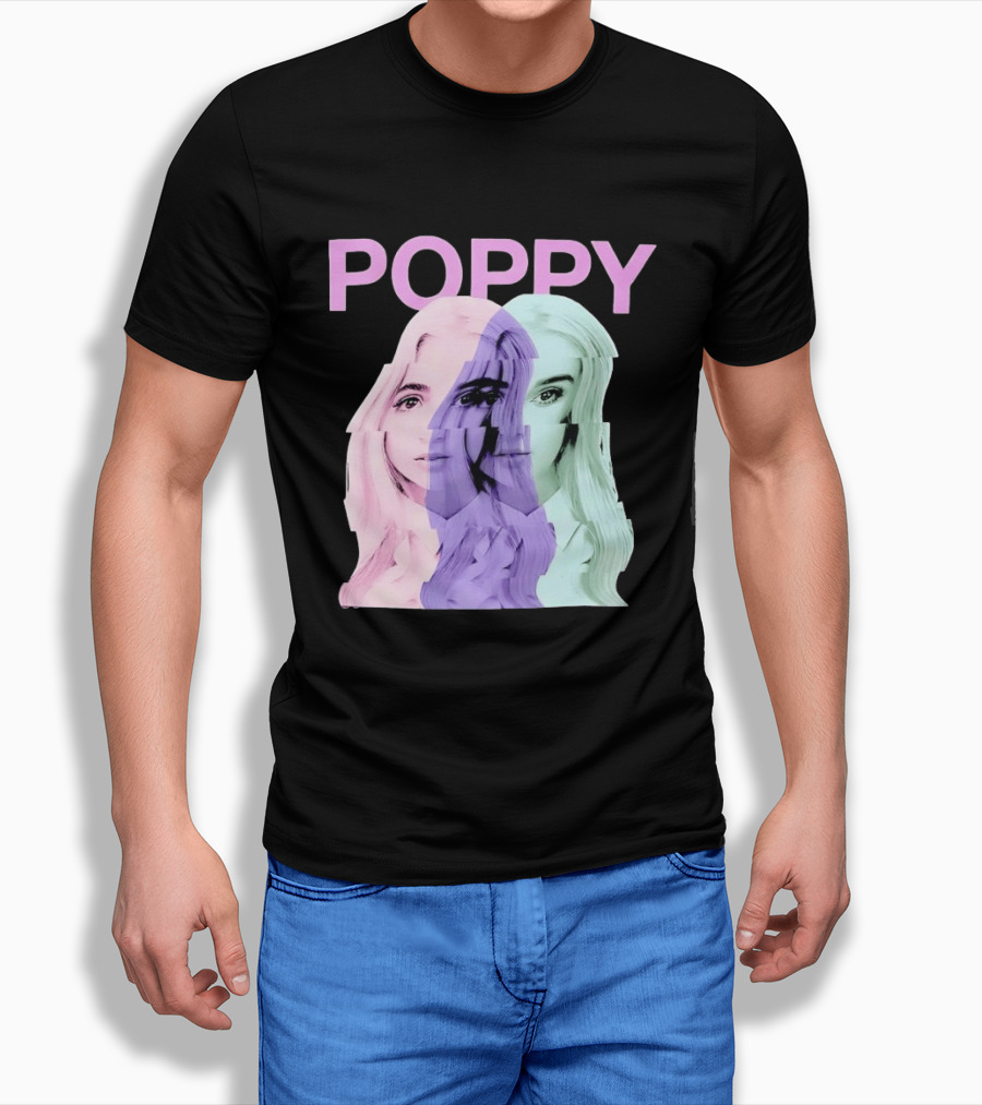 Poppy Digital Muse Glitch Faces Tricolor T-Shirt