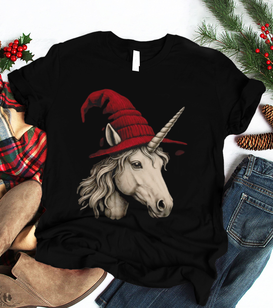 Unicorn With Red Wizard Witch Hat Beanie T-Shirt