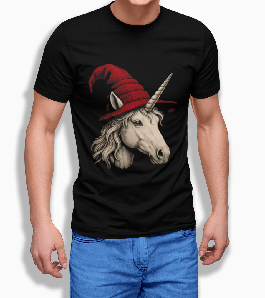 Unicorn With Red Wizard Witch Hat Beanie T-Shirt