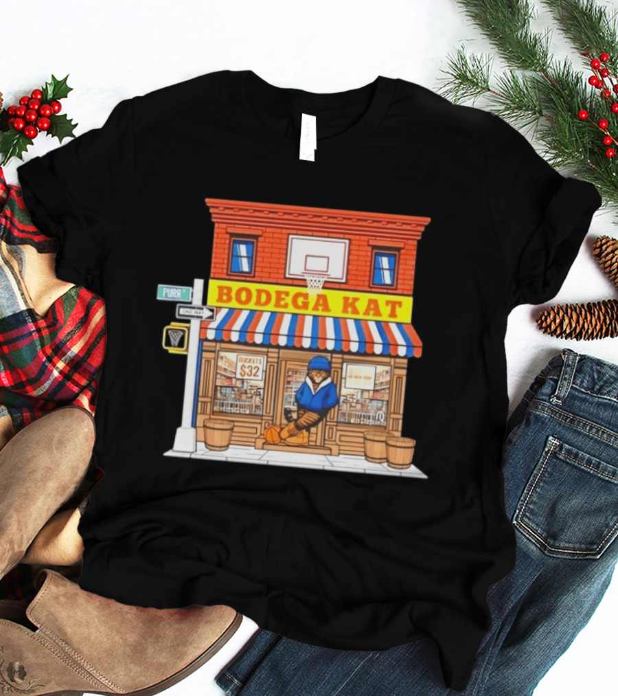 Bodega KAT New York Knicks Basketball Street Scene Purr Street Sign T-Shirt