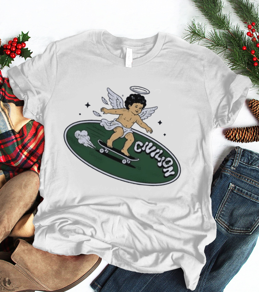Skateboarding Angel Civilian Halo Wings T-Shirt