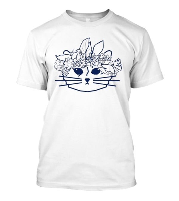 Floral Crown Cat Lover Line Art Whiskers Flowers Leaves T-Shirt