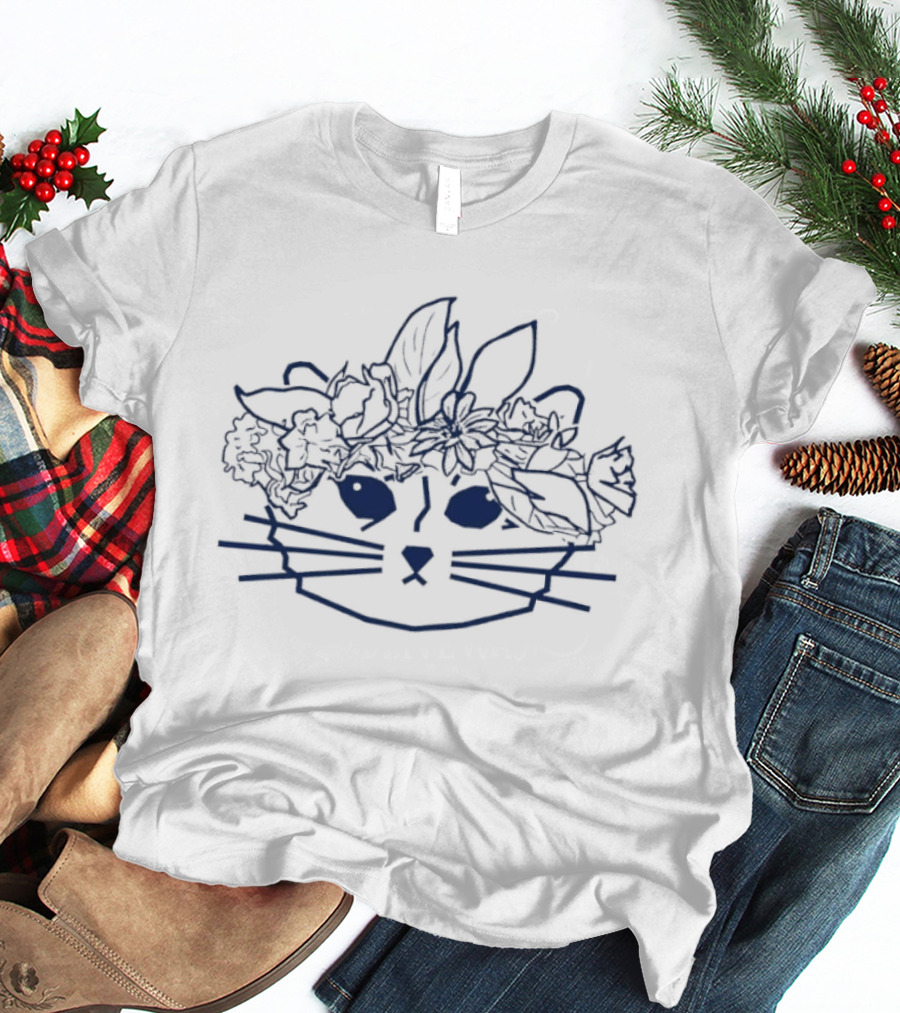 Floral Crown Cat Lover Line Art Whiskers Flowers Leaves T-Shirt