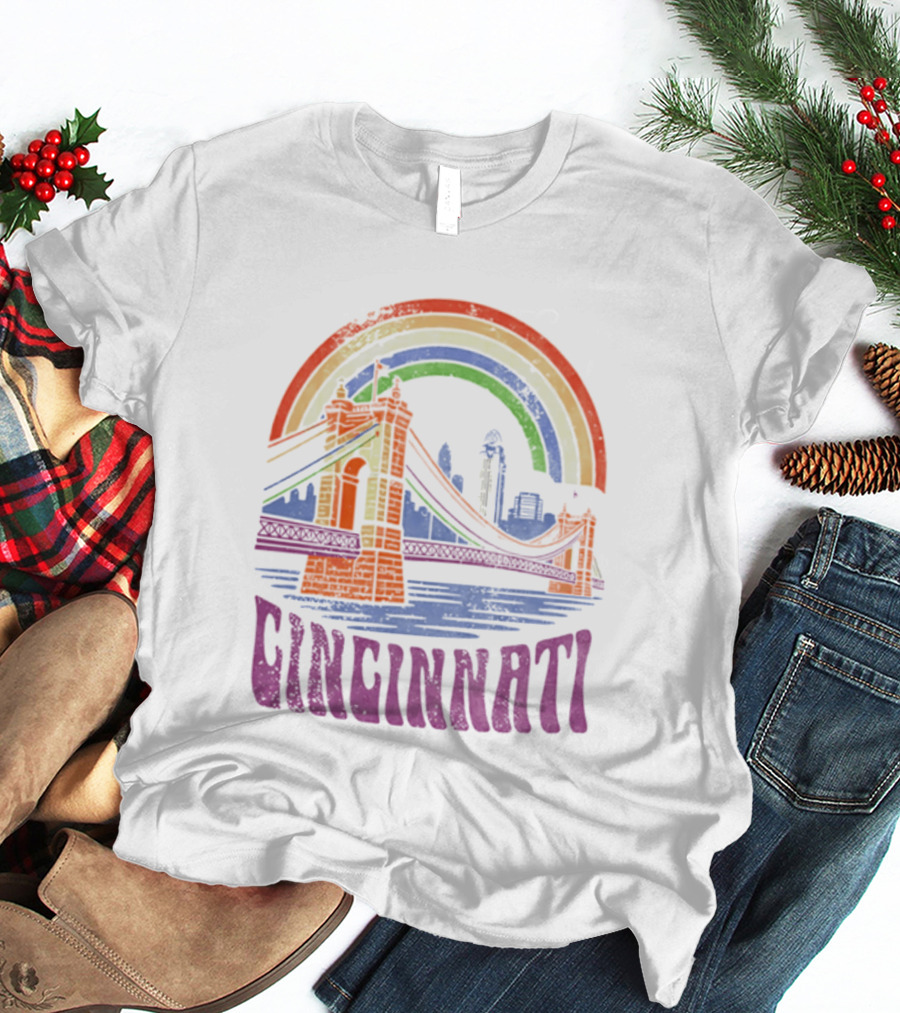 Cincinnati Roebling Bridge Rainbow Skyline Proud Of Our City T-Shirt