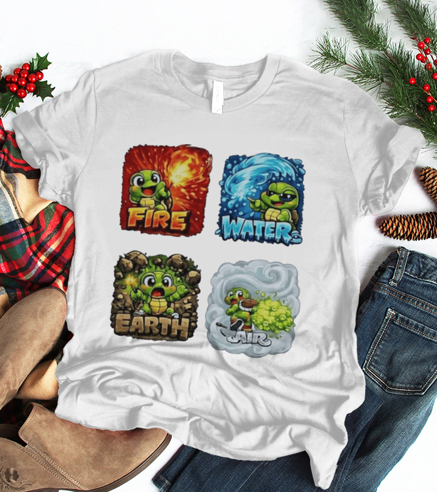 Fire Water Earth Air Turtle Cartoon Baby Elements Quadrant T-Shirt