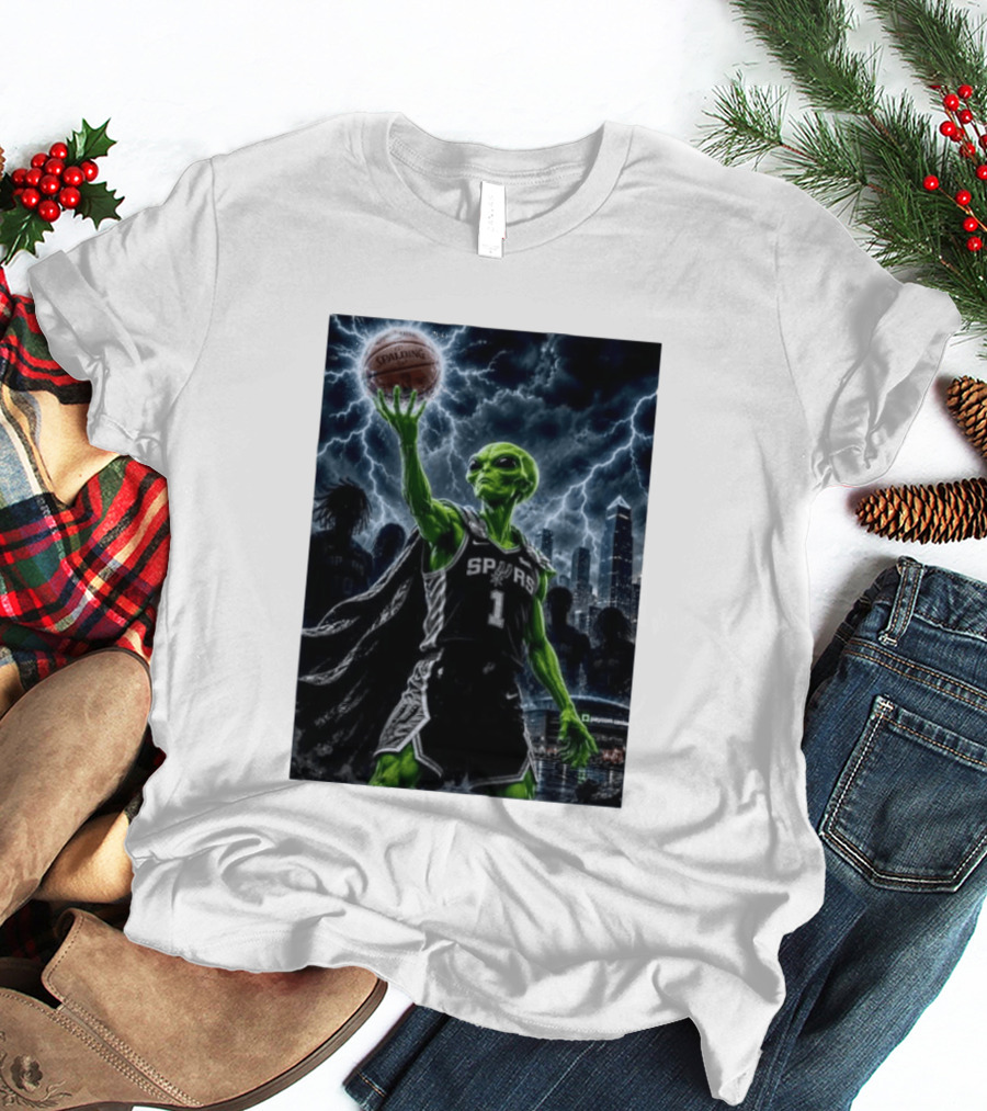 NBA Spurs Alien Spalding Basketball Hovering In Stormy City Skyline T-Shirt