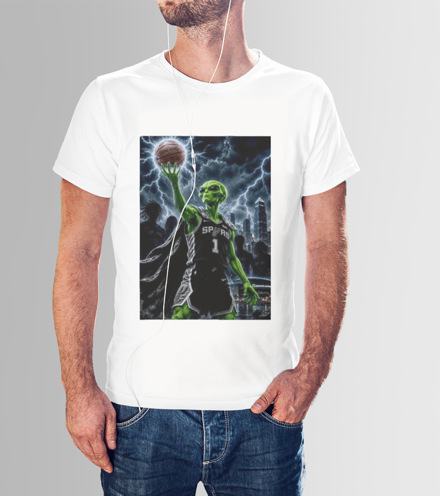 NBA Spurs Alien Spalding Basketball Hovering In Stormy City Skyline T-Shirt