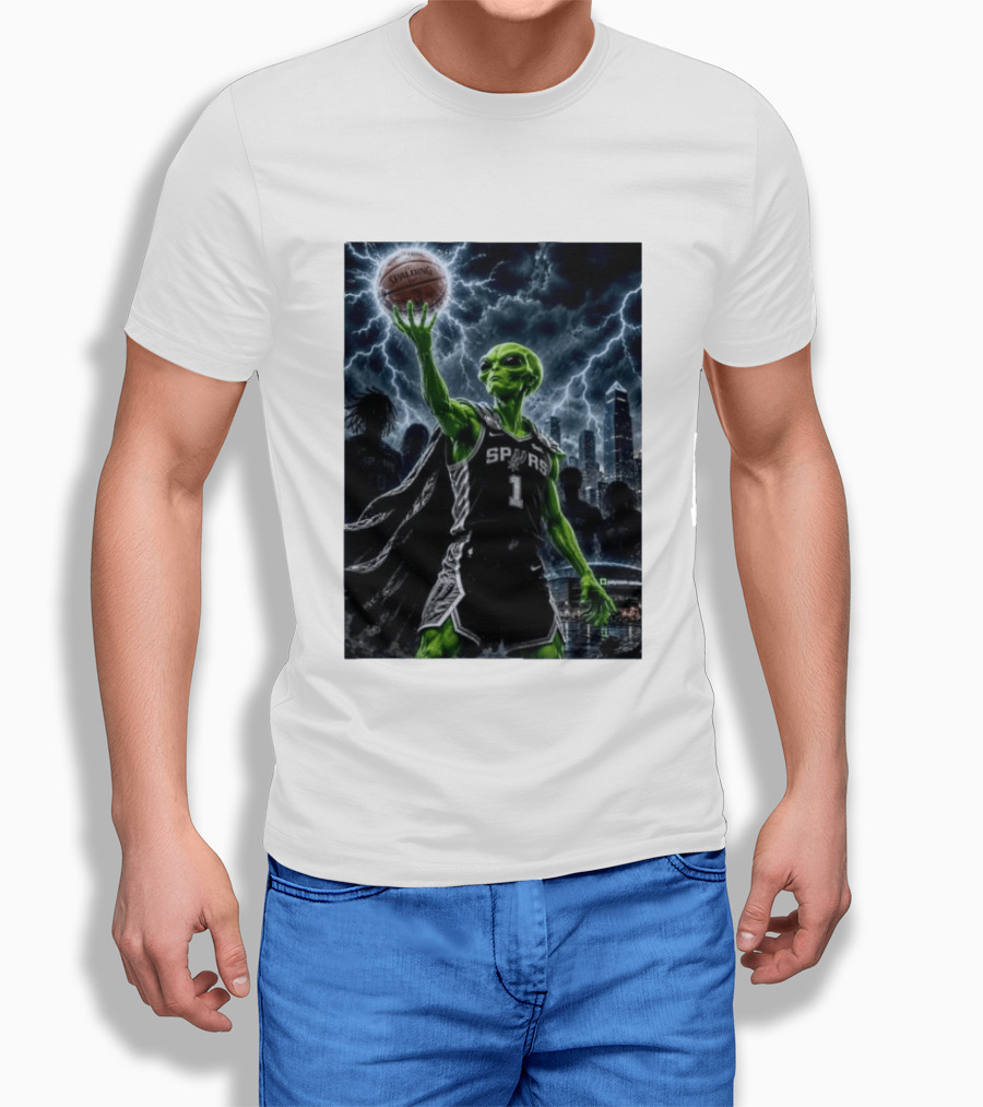 NBA Spurs Alien Spalding Basketball Hovering In Stormy City Skyline T-Shirt
