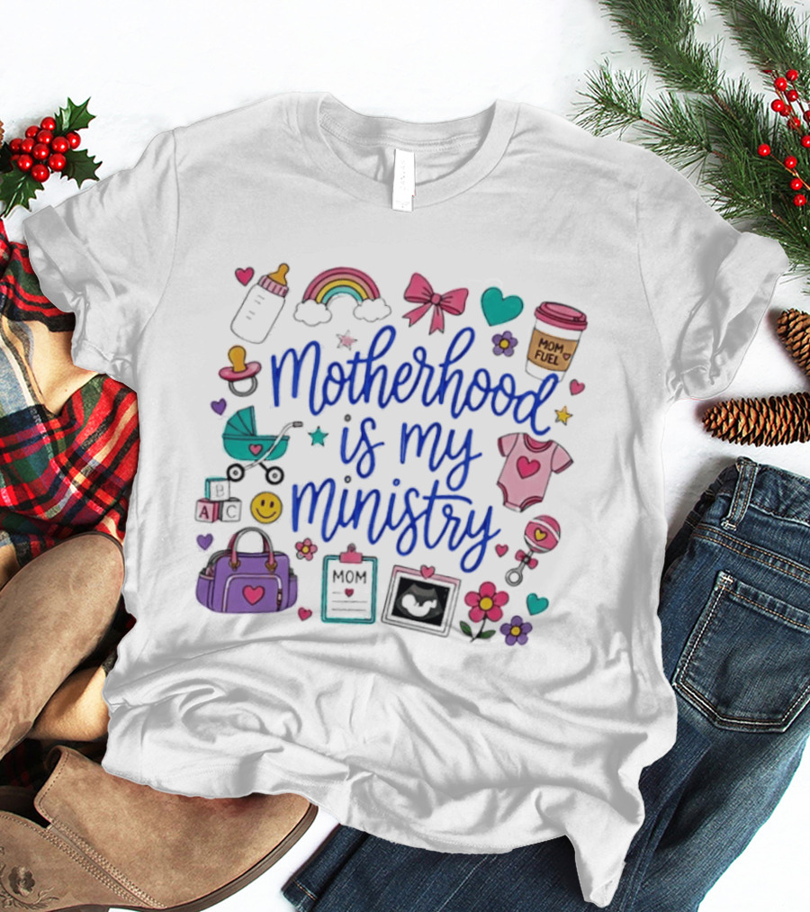 Motherhood Is My Ministry Rainbow Baby Shower Mom Fuel Icons And Baby Essentials T-Shirt