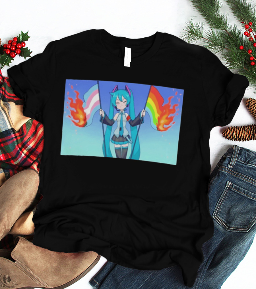 Anime Vocaloid Miku Holding Burning Transgender And Rainbow Flags Controversial Pride Month 2026 T-Shirt