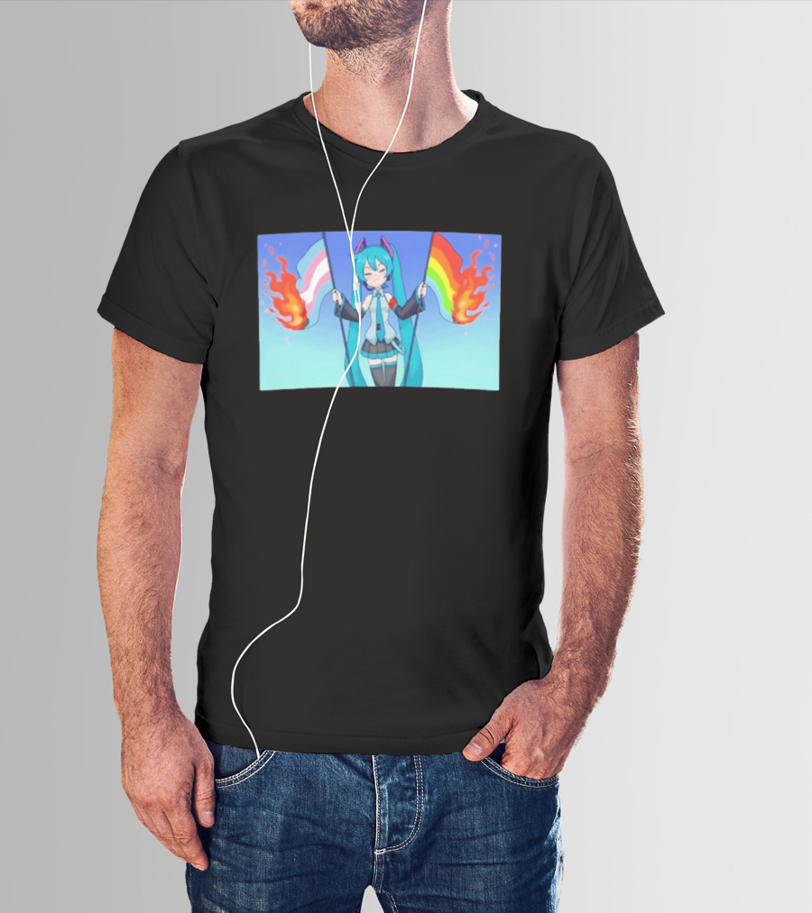 Anime Vocaloid Miku Holding Burning Transgender And Rainbow Flags Controversial Pride Month 2026 T-Shirt