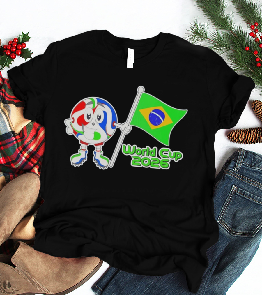 World Cup 2026 Cartoon Character With Brazil Flag Soccer Ball T-Shirt