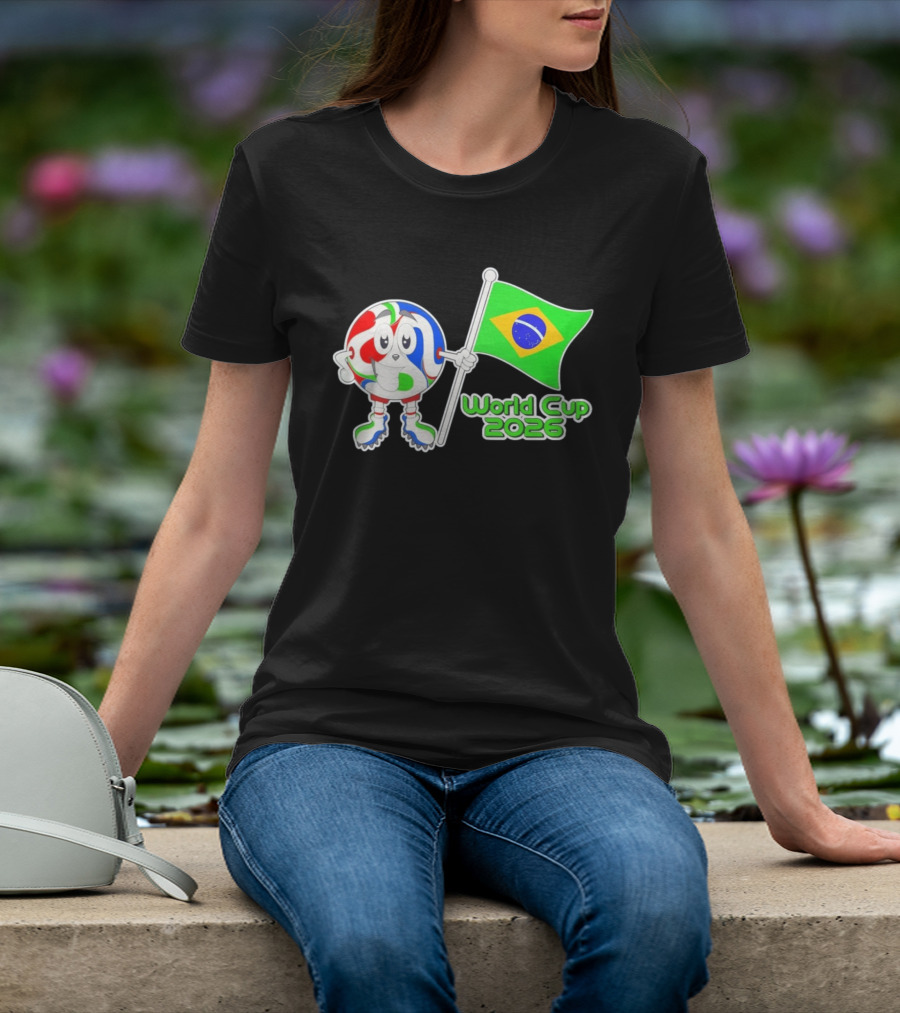 World Cup 2026 Cartoon Character With Brazil Flag Soccer Ball T-Shirt
