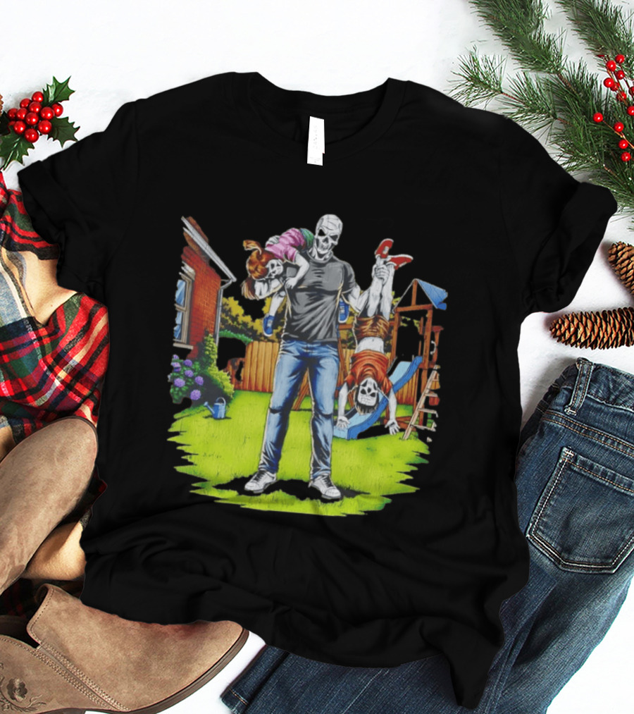 Darkest Dad Skeleton Carrying Children Garden Playground Fun Playtime T-Shirt