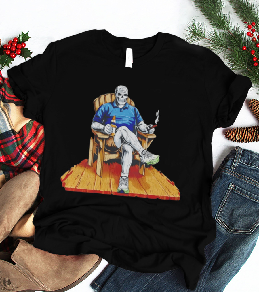 DarthBeards Skull Sitting In A Lawn Chair With Beer And Cigar T-Shirt