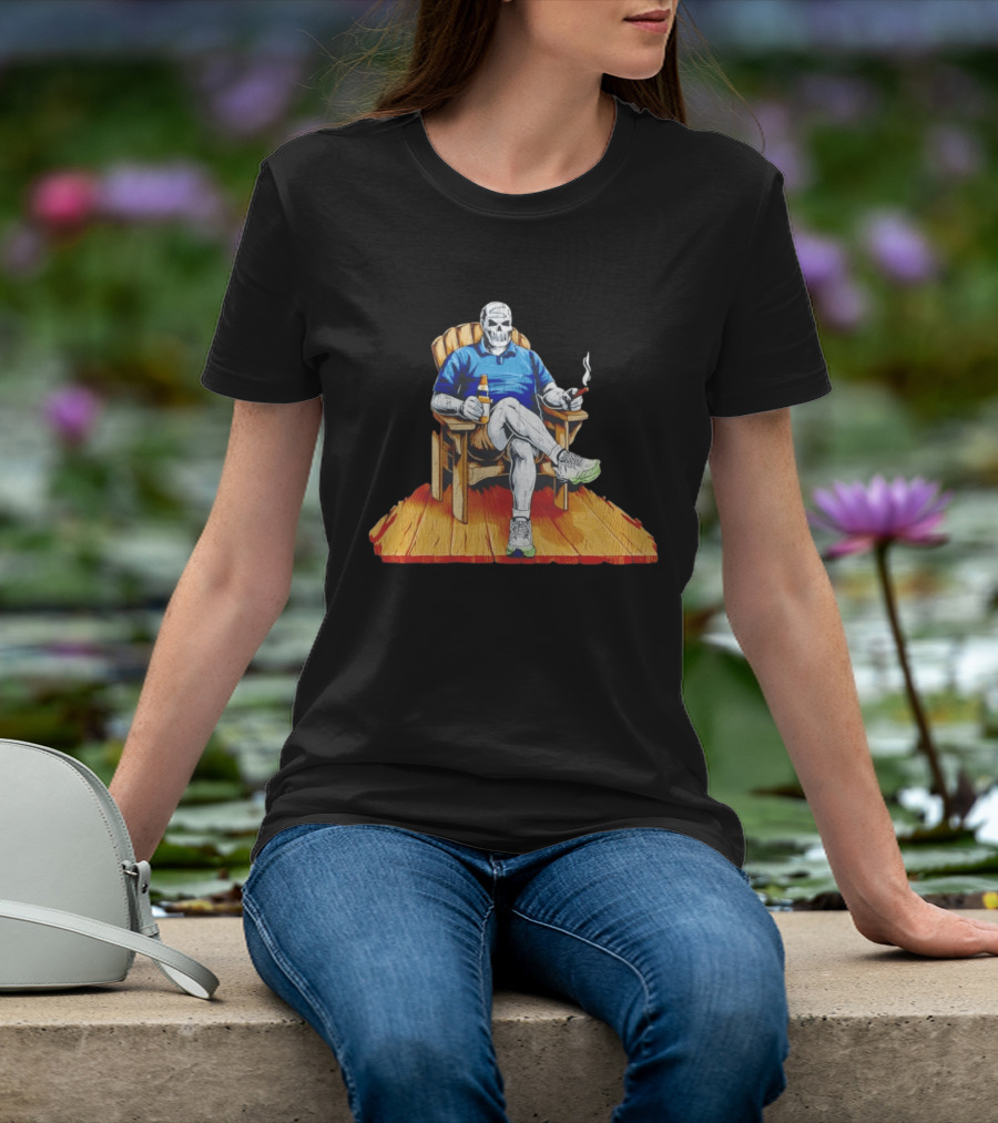 DarthBeards Skull Sitting In A Lawn Chair With Beer And Cigar T-Shirt