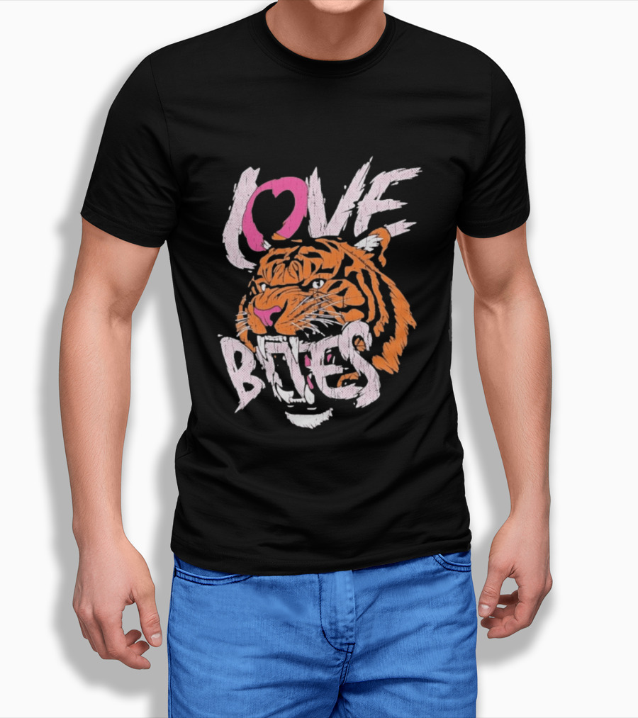 Love Bites Roaring Tiger Face Bold Pink And Orange T-Shirt