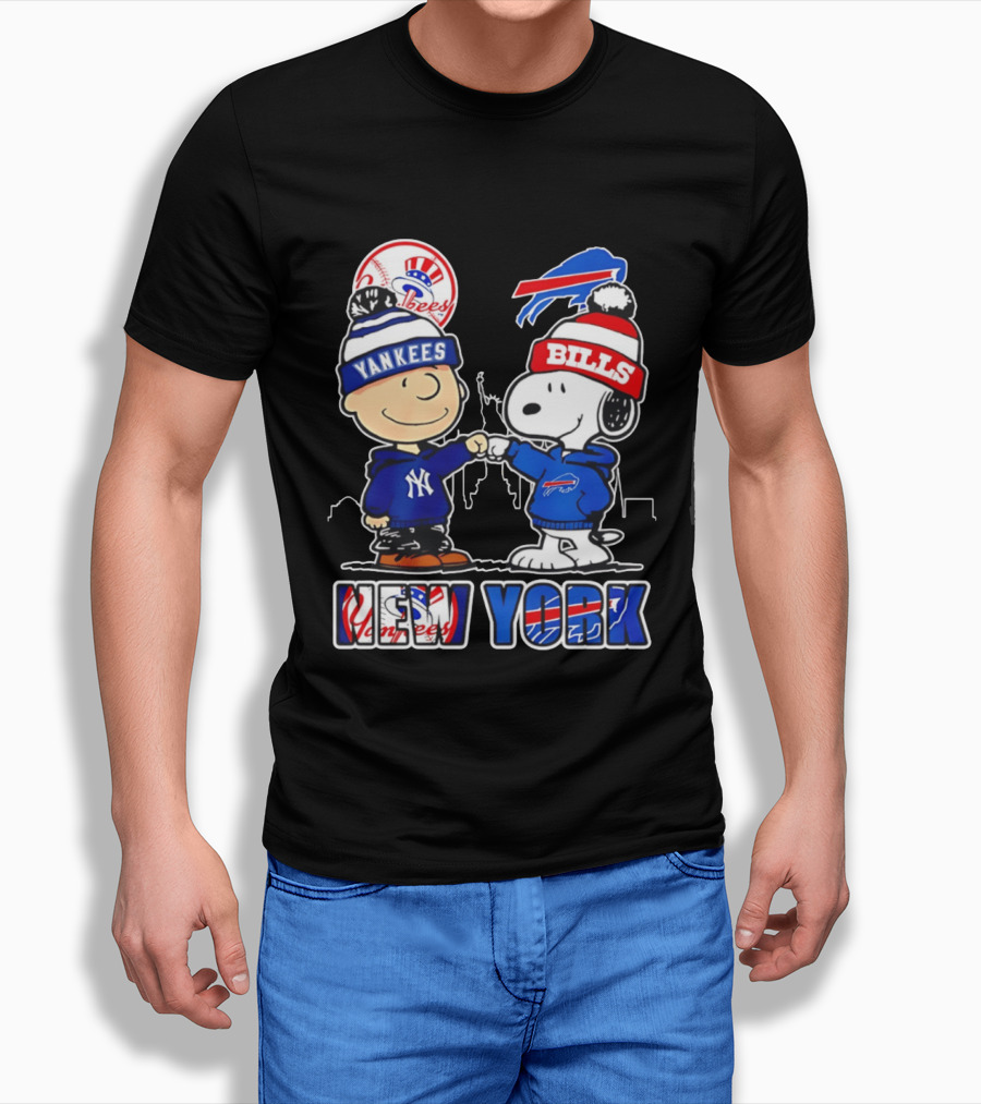 New York Yankees Buffalo Bills Charlie Brown Snoopy Fist Bump Skyline T-Shirt