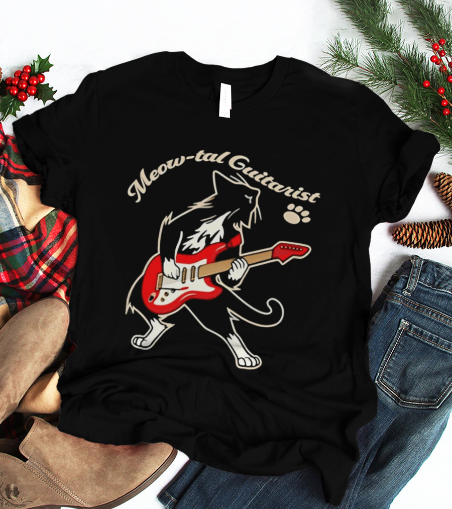Meow Tal Guitarist Cat Playing Red Electric Guitar T-Shirt