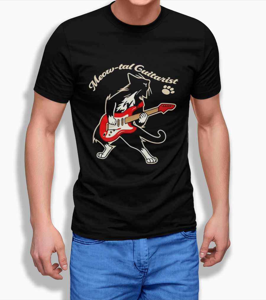 Meow Tal Guitarist Cat Playing Red Electric Guitar T-Shirt