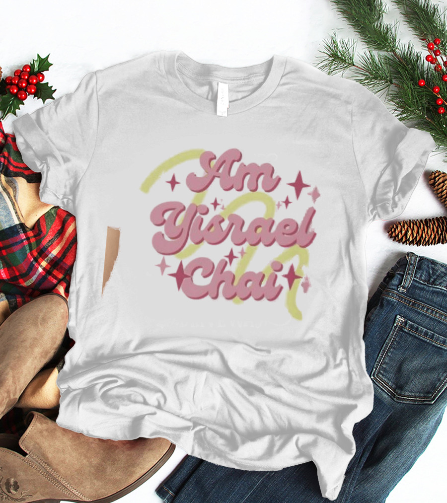 Am Yisrael Chai Jewish Pride Pink Text With Yellow And Stars T-Shirt