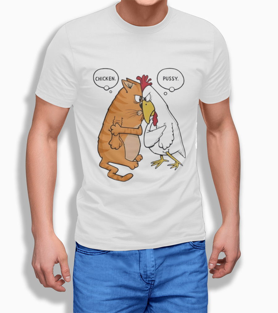 Chicken Pussy Standoff Cartoon Humor Confrontation T-Shirt