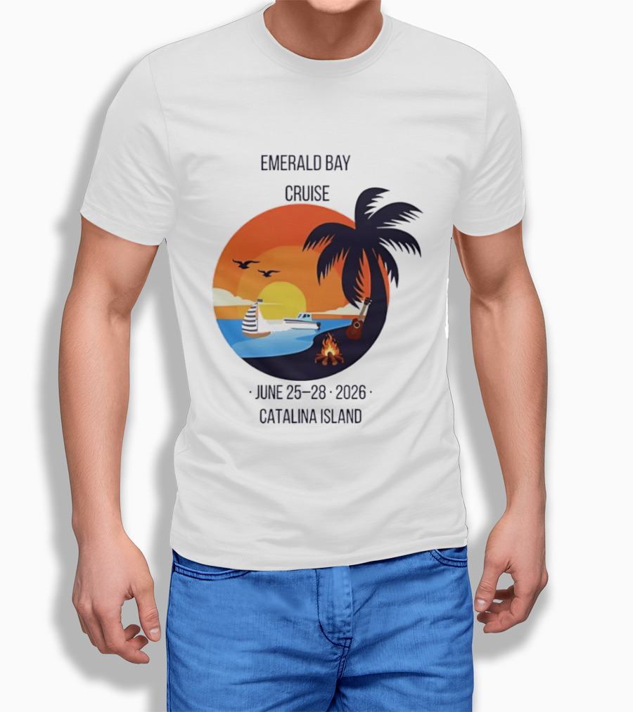 Emerald Bay Cruise June 25 28 2026 Catalina Island Sunset Palm Tree Boat Bonfire T-Shirt