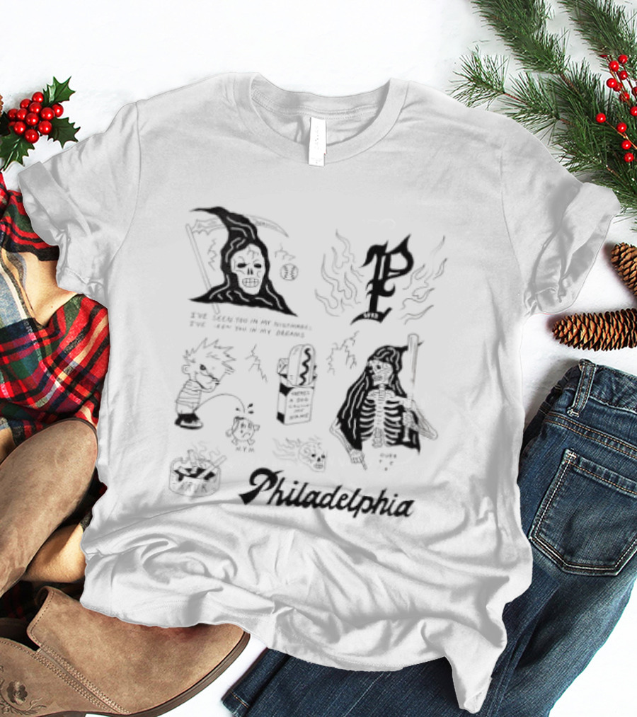 John Kruk Philadelphia Phillies MLB Nightmares Phillies Logo Wizard Skull Ghost T-Shirt