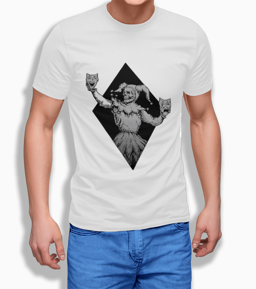 Skeleton Jester Holding Comedy And Tragedy Masks Medieval Gothic Costume T-Shirt