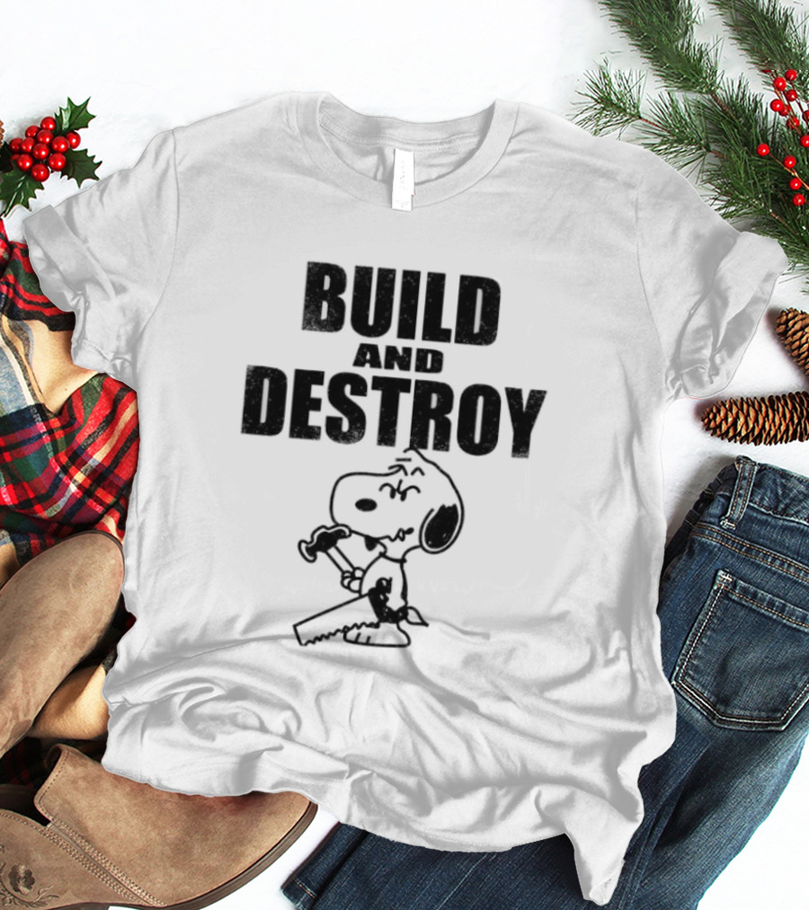 Snoopy Peanuts Build And Destroy Text Hammer Cartoon T-Shirt